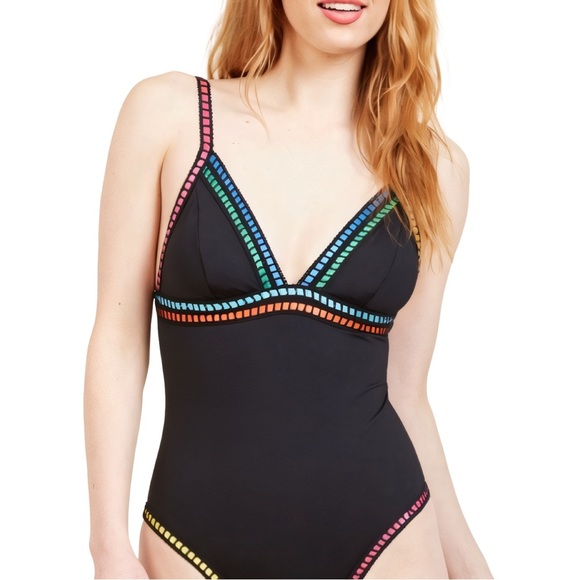 La Blanca V Neck Black Rainbow One Piece Swimsuit Threading Along - Size 4 - Picture 3 of 14